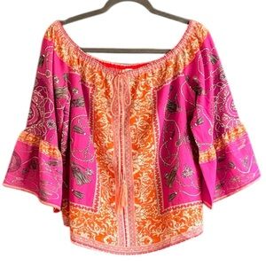 Umgee Fuchsia and Orange Off-Shoulder Boho Blouse Top size M